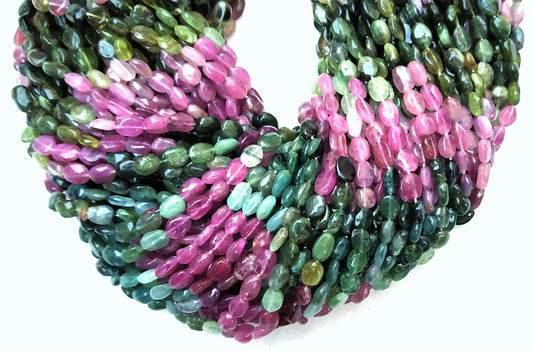 AAA Quality 2 Strand Natural Multi Tourmaline Oval Shape, Smooth Beads, Stone Size 4-6MM,Tourmaline Gemstone Beads,13 "Long Wholesale Price.