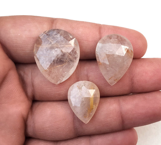 Best Quality 3 Piece Very Rare Natural Golden Rutile,Pear shape Faceted Cabochons,Size 14x19-20x24 MM,Making Earing And Pendant Rutile Gems