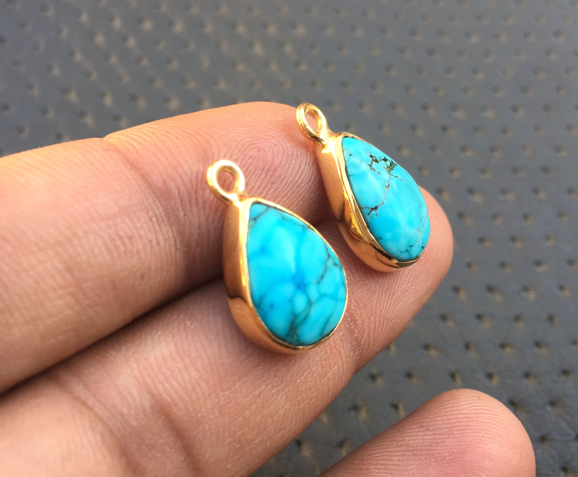 Exceptionally lovely Natural Turquoise Gemstone Polished Rough 92.5 Silver Gold Polish Teardrop Pendant 2 Pcs Size 11x14-11x15 MM Wholesale