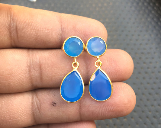 Awesome Quality Natural Blue Chalcedony Gemstone 1 Pair Long Dangling Earring Round 9 MM Pear 10x14 MM Summer Jewelry Blue Earring Wholesale