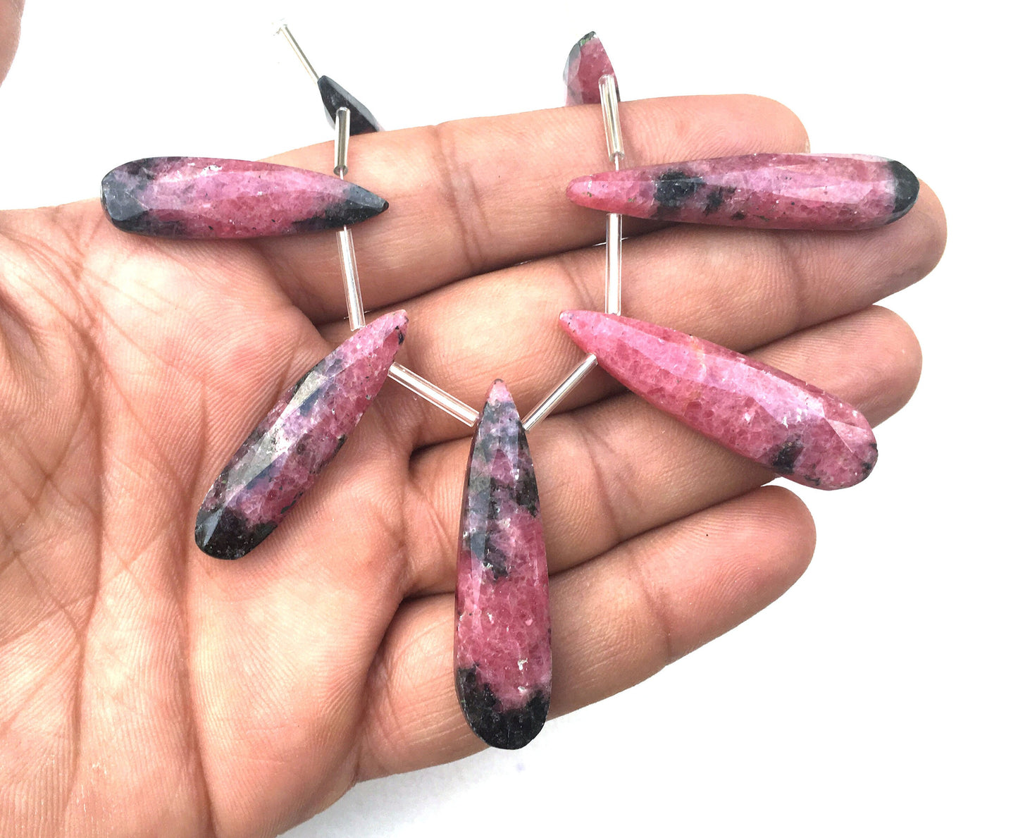 Genuine Natural Rhodonite Gemstone, 7 Pieces Faceted Pear Shape Briolette Beads Size 9x30-11x43 MM Making jewelry Wholesale Price