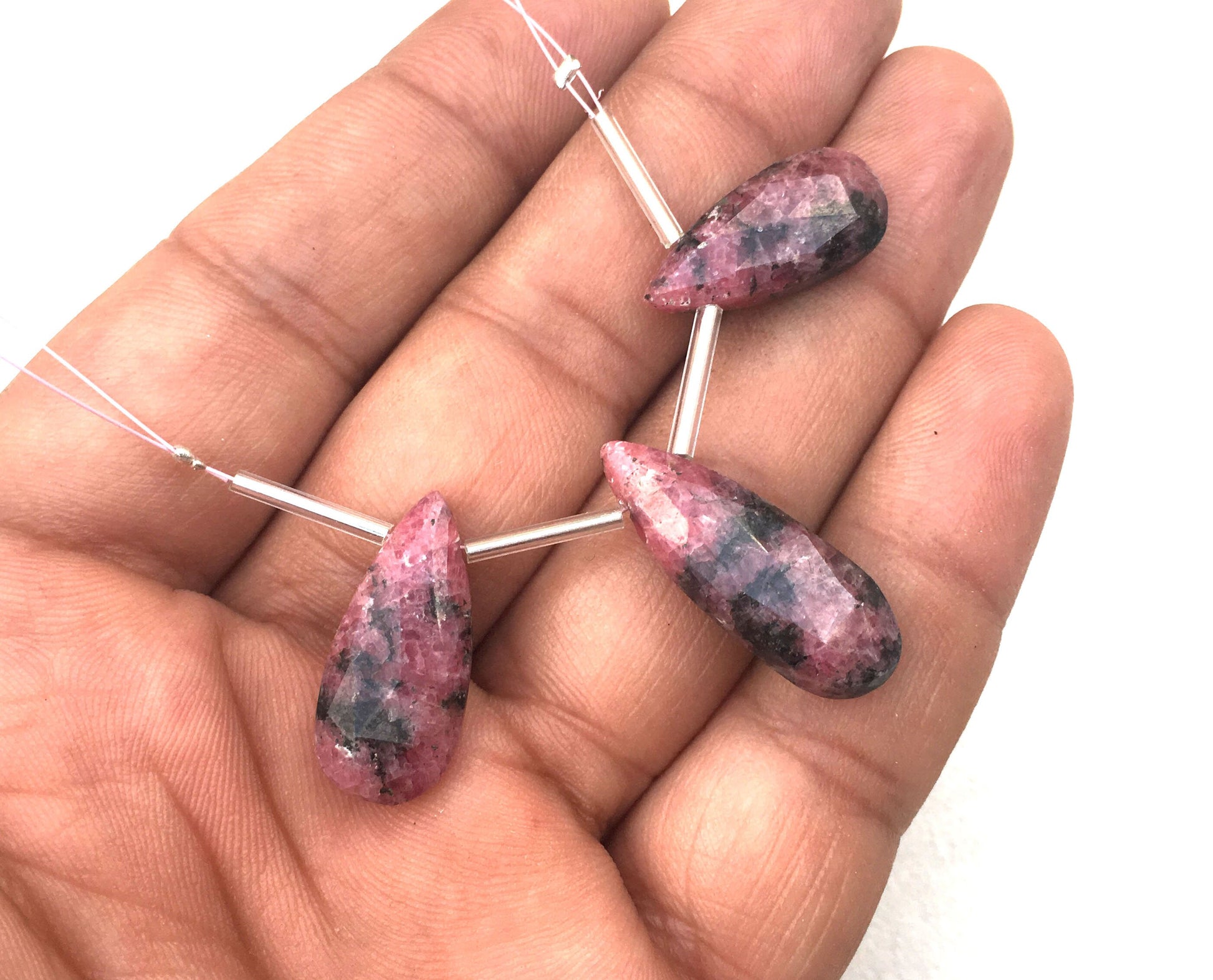 Natural Rhodonite Gemstone,3 Pieces Faceted Pear Shape Briolette Beads Size 10x21-11x27 MM Super Fine Quality Making jewelry Wholesale Price