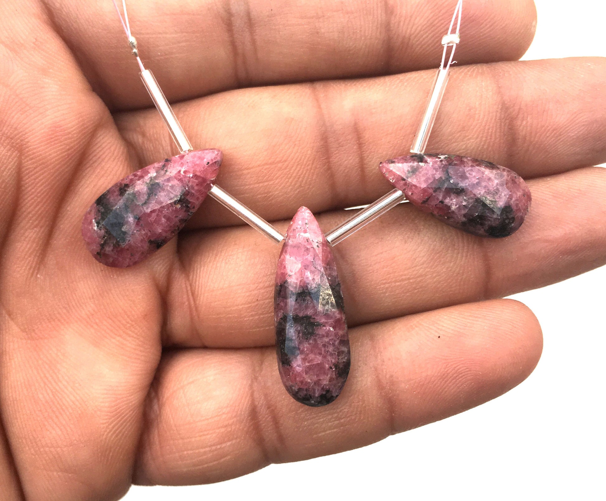 Natural Rhodonite Gemstone,3 Pieces Faceted Pear Shape Briolette Beads Size 10x21-11x27 MM Super Fine Quality Making jewelry Wholesale Price