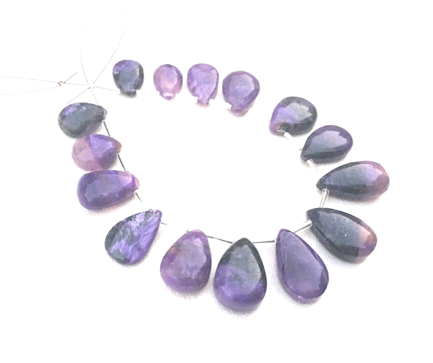 15 Pieces 1 Strand Natural Charoite Gemstone,Pear Shape Smooth Briolette Beads Size 8x19-11x22 MM Making Purple Smooth Jewelry Wholesale