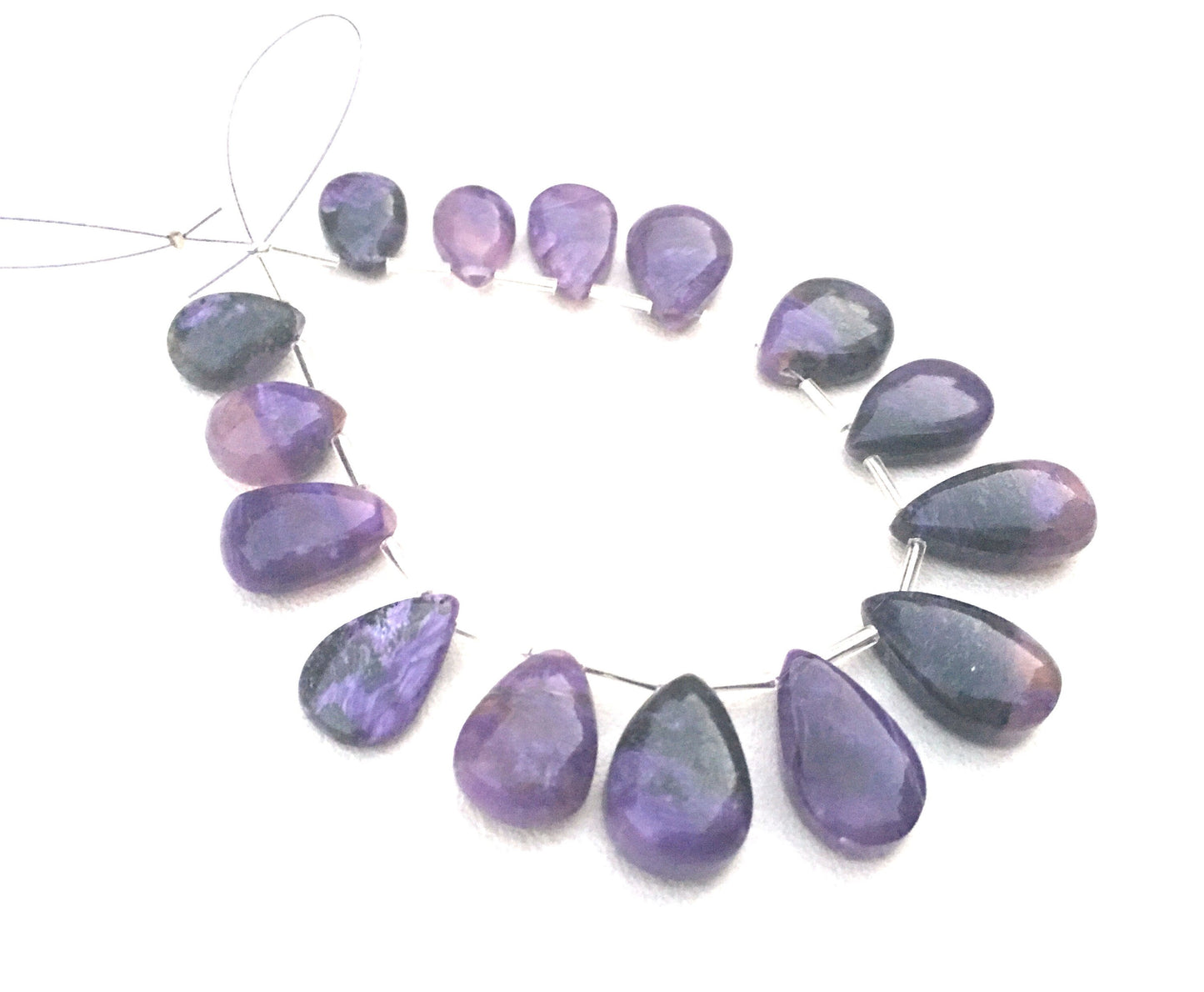 15 Pieces 1 Strand Natural Charoite Gemstone,Pear Shape Smooth Briolette Beads Size 8x19-11x22 MM Making Purple Smooth Jewelry Wholesale