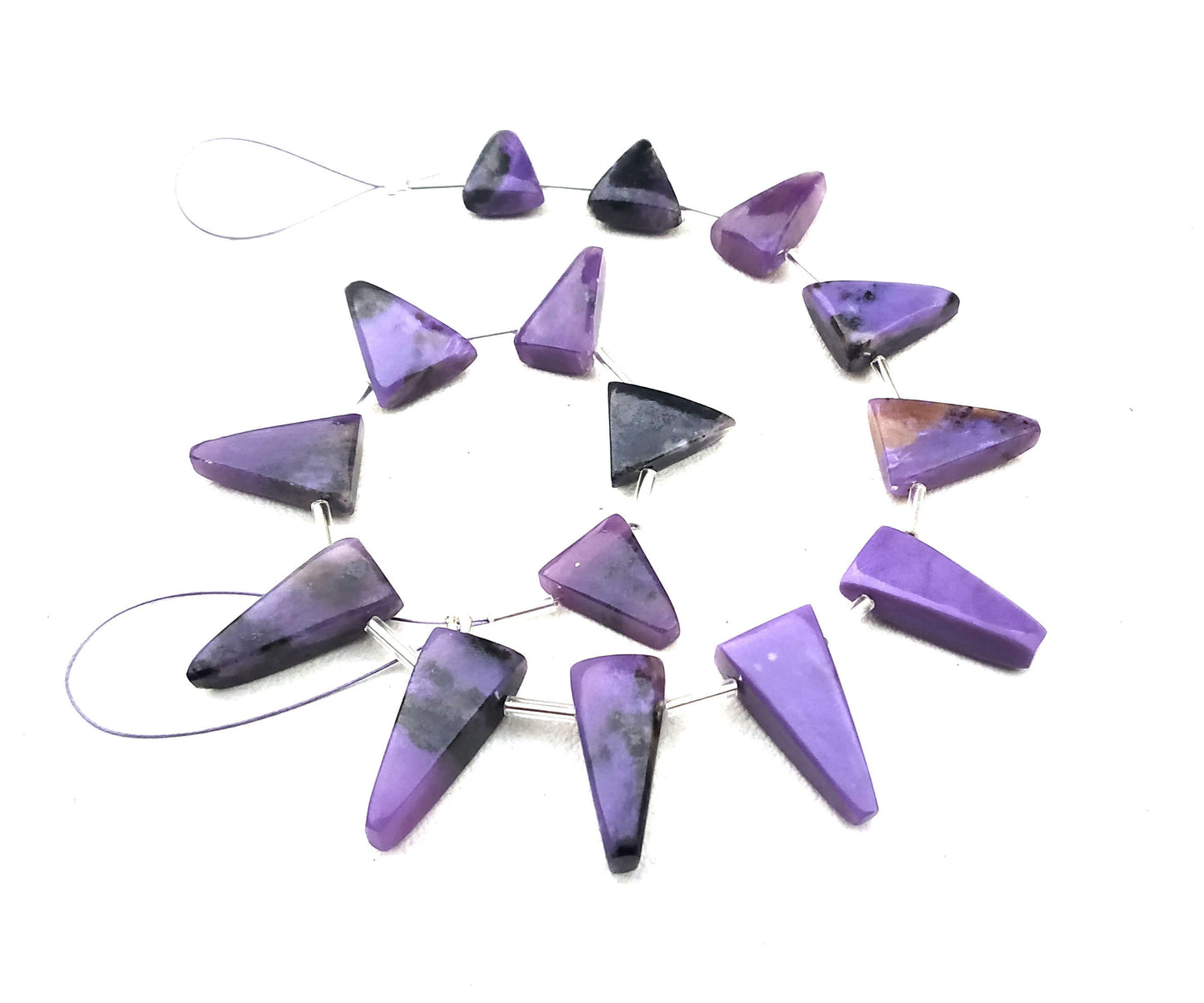 Smooth Triangle Shape Super Fine Quality 15 Pieces Natural Charoite Gemstone,Briolette Beads,Size 9x12-10x21 MM Making Jewelry Wholesale