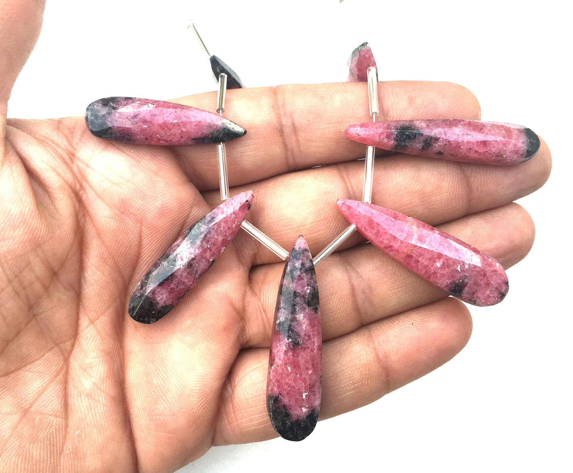 Genuine Natural Rhodonite Gemstone, 7 Pieces Faceted Pear Shape Briolette Beads Size 9x30-11x43 MM Making jewelry Wholesale Price