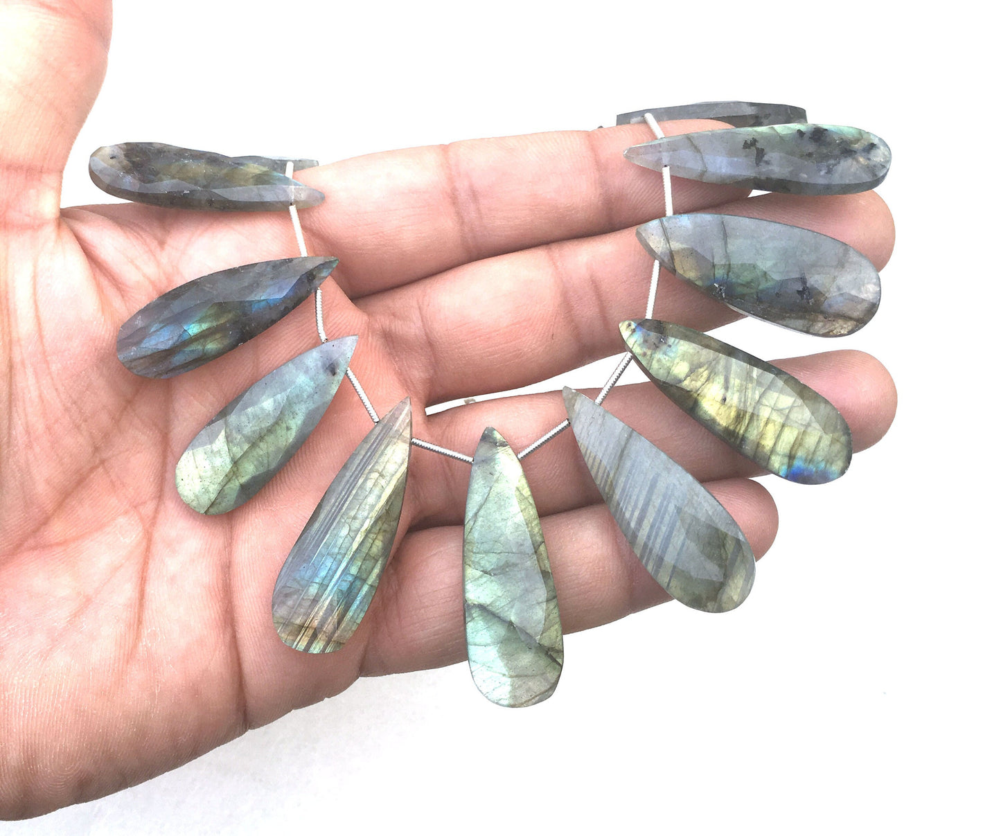 10 Pieces Faceted Pear Shape Natural Labradorite Gemstone,Briolette Beads,Blue Flash Size 12x34-14x40 MM,Making Jewelry Wholesale Price