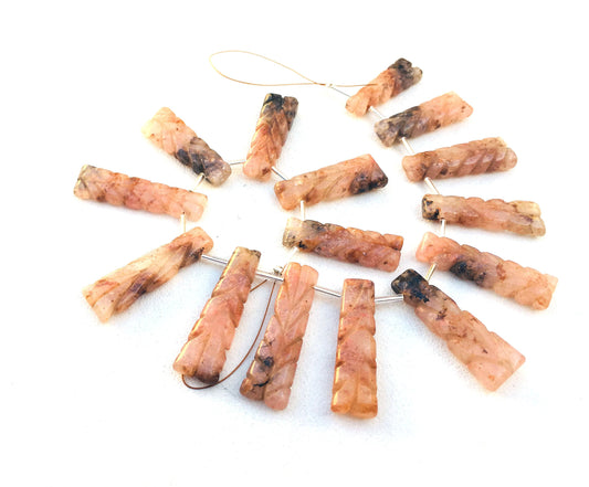 Unique Specimen 15 Piece 1 Strand Natural Rhodonite Gemstone,Fancy Shape Carving Cut,Size 9x30-10x36 MM Making Jewelry Wholesale Price