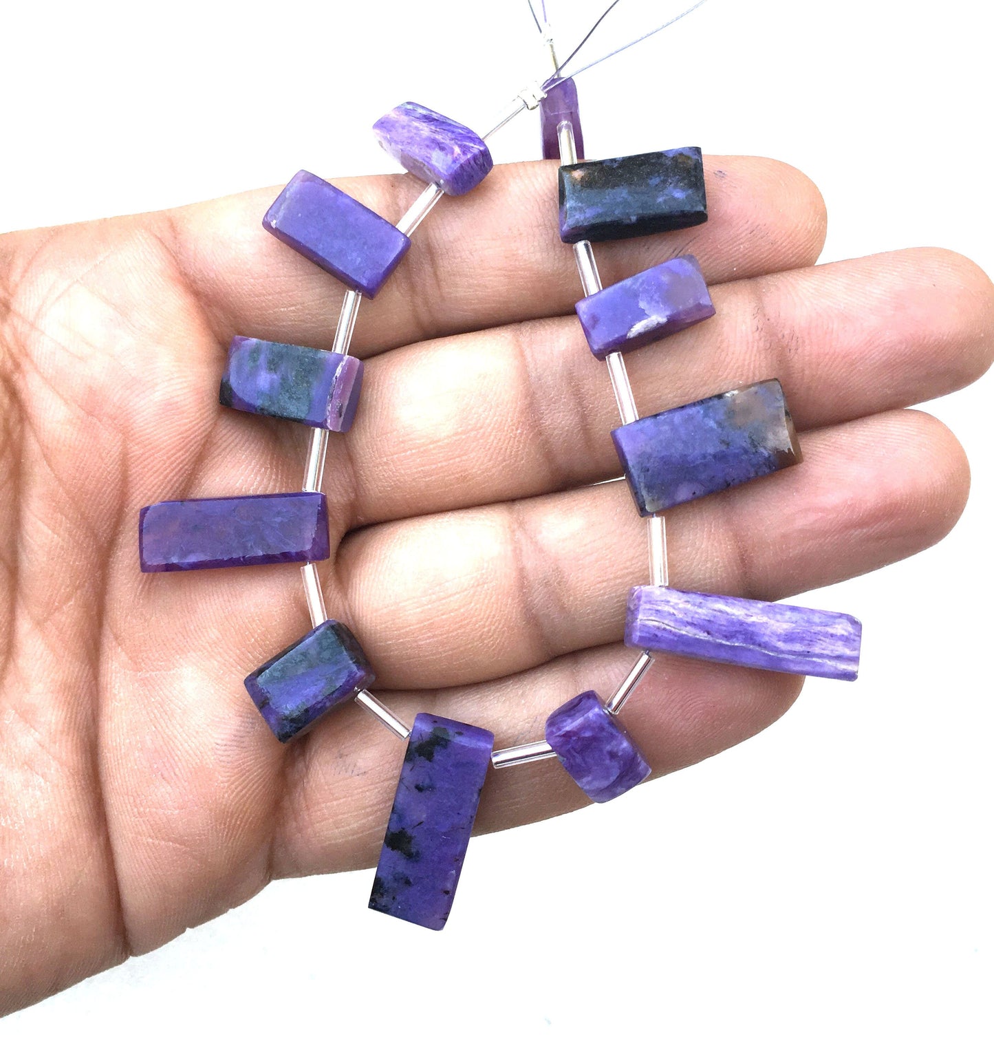 12 Pieces Smooth Rectangle Shape Super Fine Quality Natural Charoite Gemstone,Briolette Beads,Size 6x10-9x22 MM Making Jewelry Wholesale