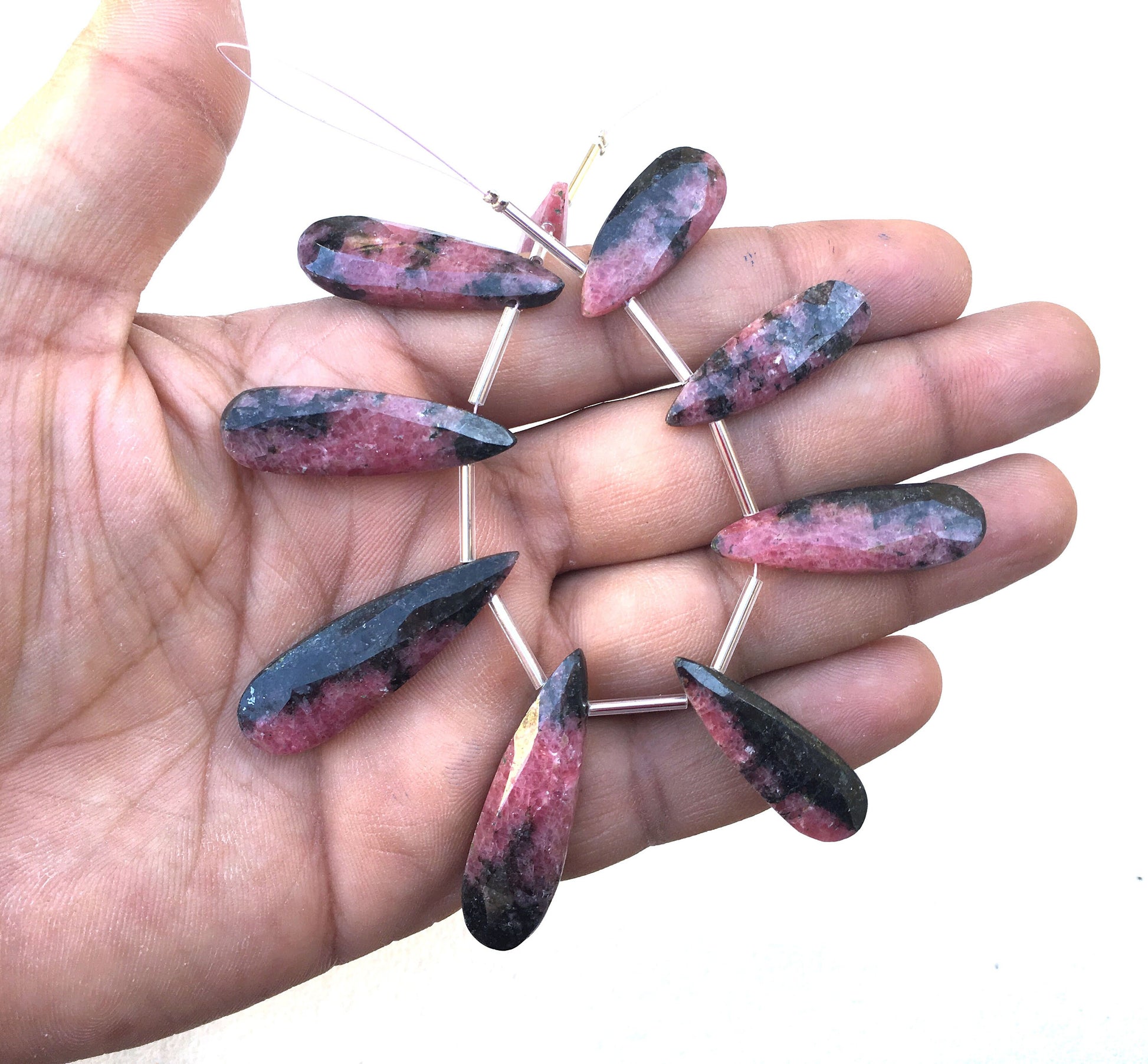 9 Pieces Natural Rhodonite Gemstone, Faceted Pear Shape Briolette Bead Size 10x26-12x40 MM Super Fine Quality Making jewelry Wholesale Price