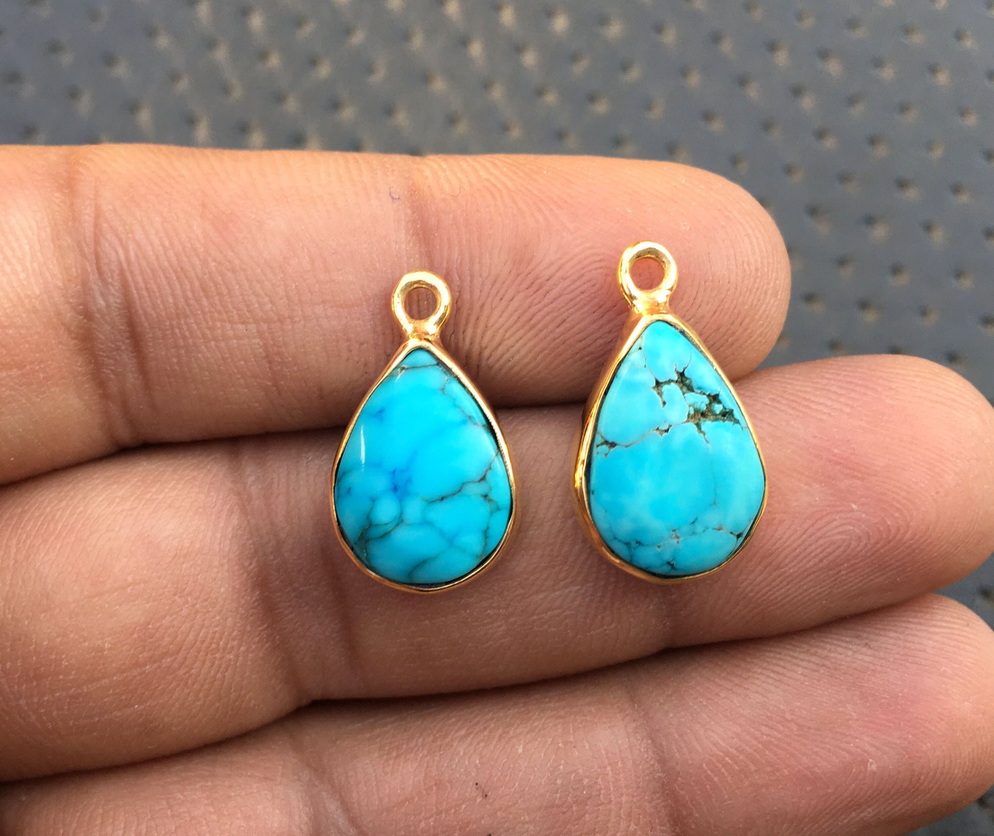 Exceptionally lovely Natural Turquoise Gemstone Polished Rough 92.5 Silver Gold Polish Teardrop Pendant 2 Pcs Size 11x14-11x15 MM Wholesale