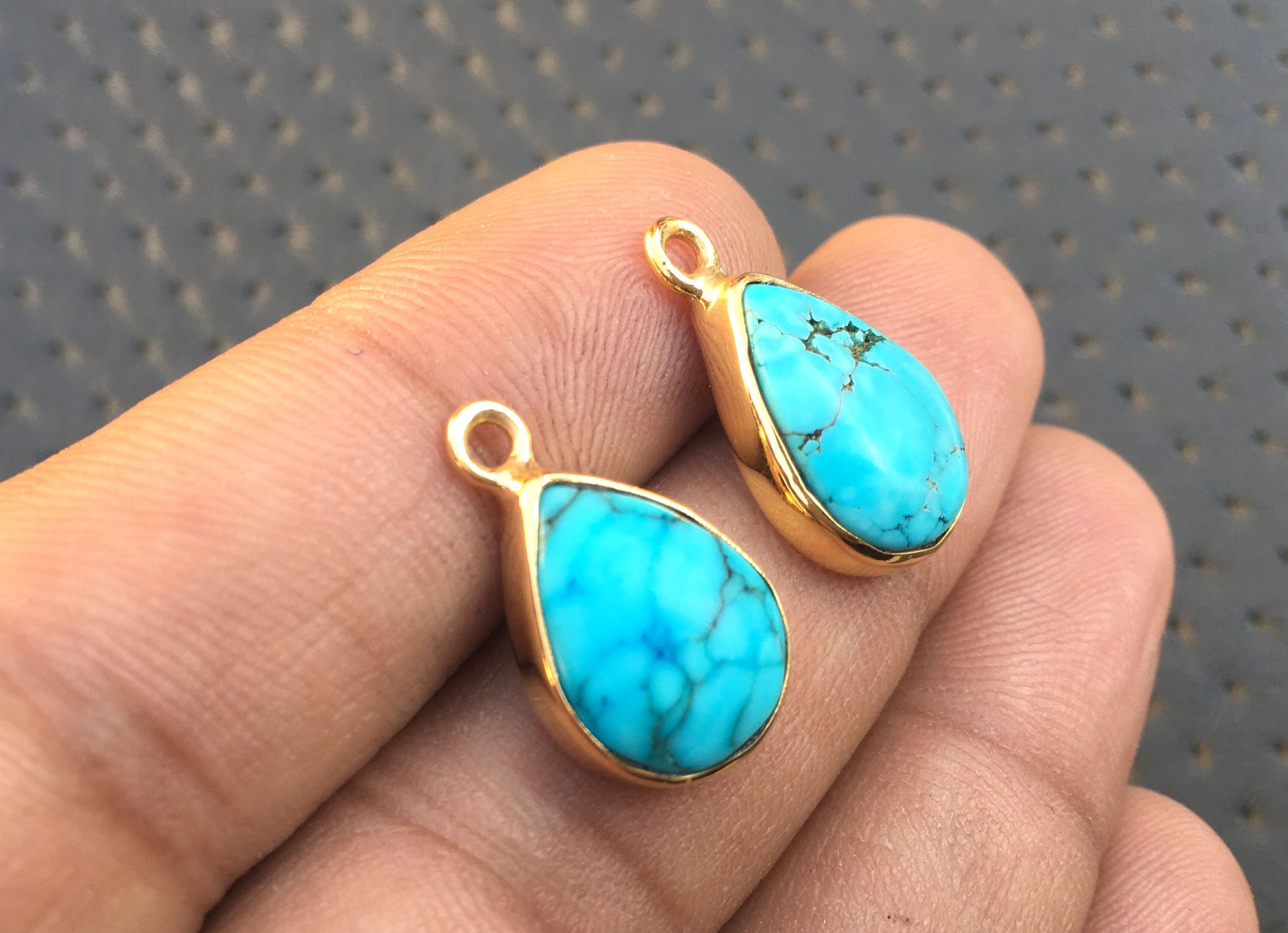 Exceptionally lovely Natural Turquoise Gemstone Polished Rough 92.5 Silver Gold Polish Teardrop Pendant 2 Pcs Size 11x14-11x15 MM Wholesale