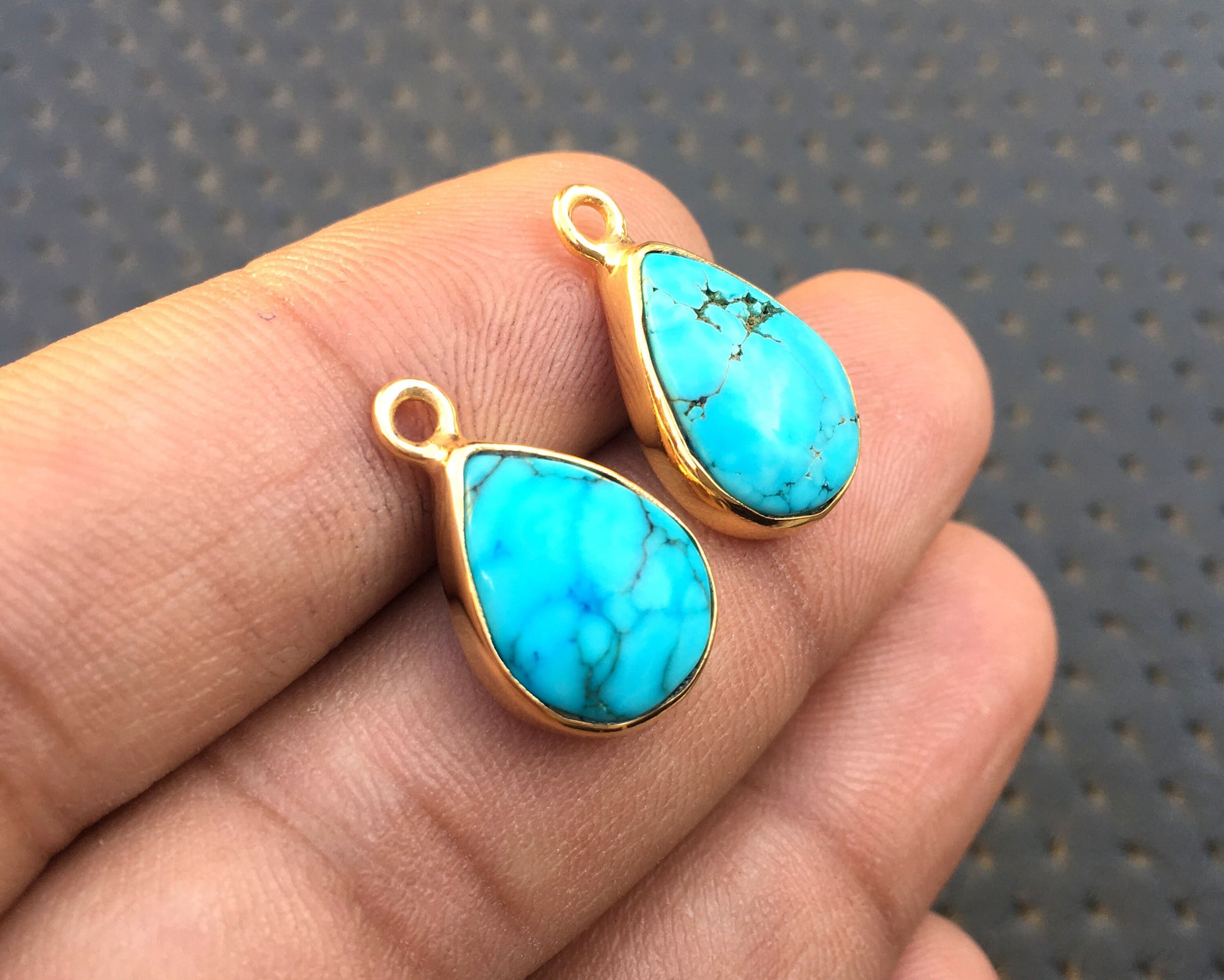 Exceptionally lovely Natural Turquoise Gemstone Polished Rough 92.5 Silver Gold Polish Teardrop Pendant 2 Pcs Size 11x14-11x15 MM Wholesale