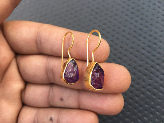 February Birthstone Earrings Natural Amethyst Gemstone 1 Pair Dangling Earring Pear Shape Polished Raw Size 9x13 MM 92.5 Silver Gold Polish