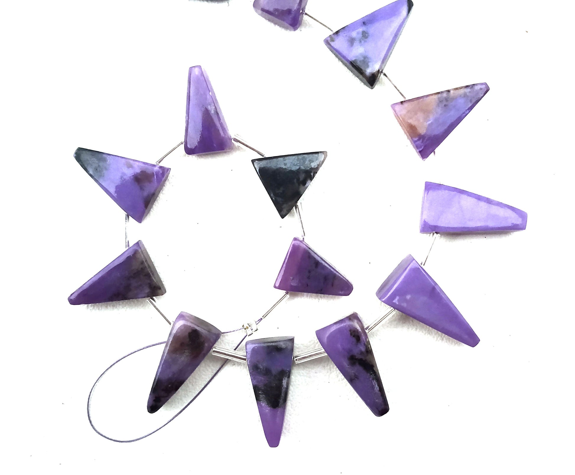 Smooth Triangle Shape Super Fine Quality 15 Pieces Natural Charoite Gemstone,Briolette Beads,Size 9x12-10x21 MM Making Jewelry Wholesale