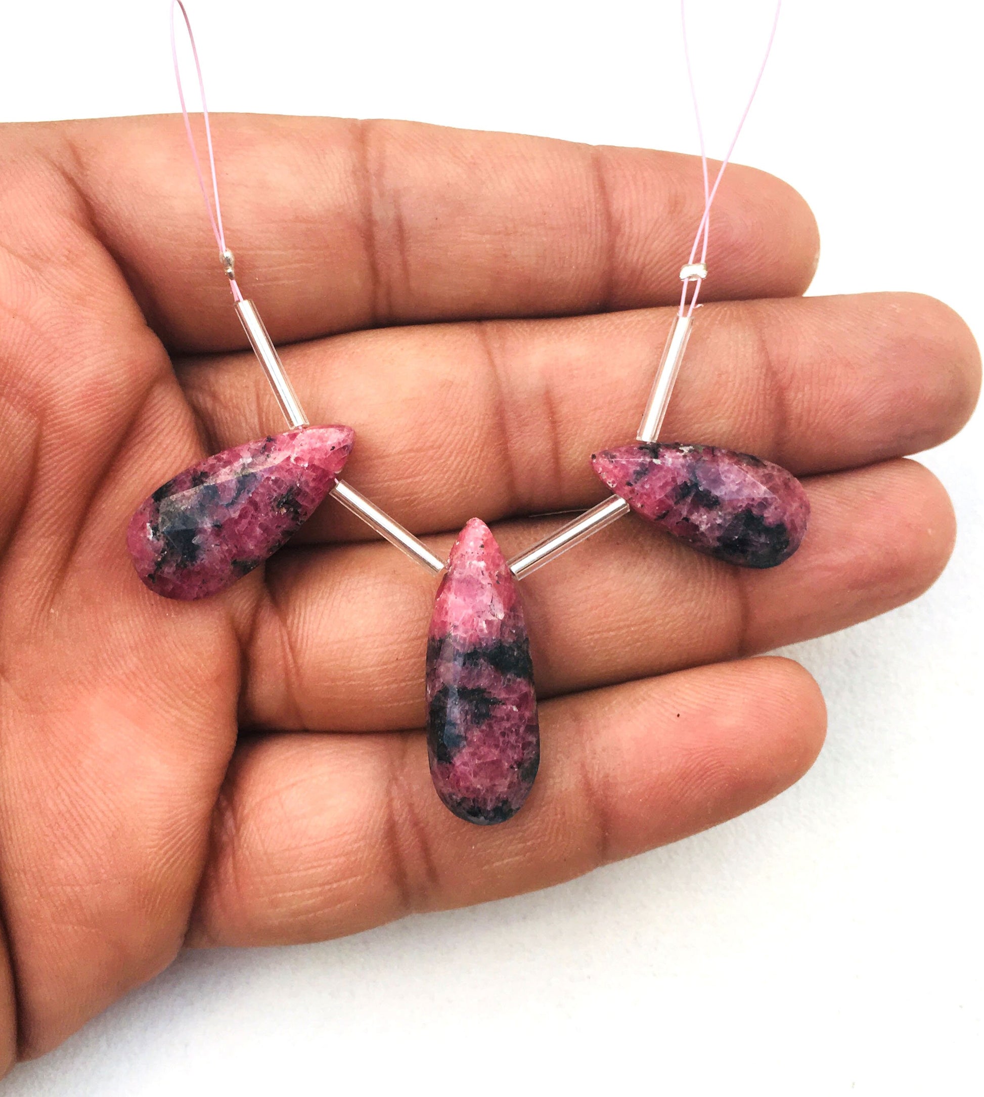 Natural Rhodonite Gemstone,3 Pieces Faceted Pear Shape Briolette Beads Size 10x21-11x27 MM Super Fine Quality Making jewelry Wholesale Price