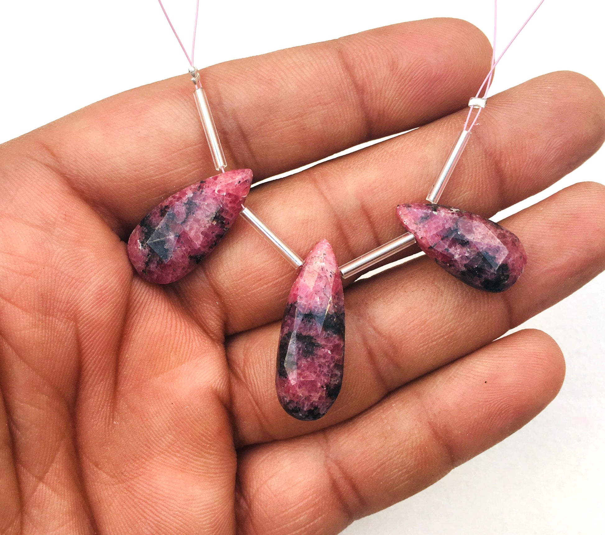 Natural Rhodonite Gemstone,3 Pieces Faceted Pear Shape Briolette Beads Size 10x21-11x27 MM Super Fine Quality Making jewelry Wholesale Price