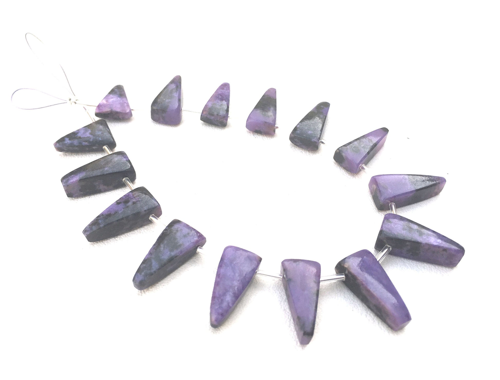 Wonderful Quality 15 Pieces Natural Charoite Gemstone,Smooth Triangle Shape Briolette Beads,Size 9x17-10x27 MM Making Jewelry Wholesale Rate