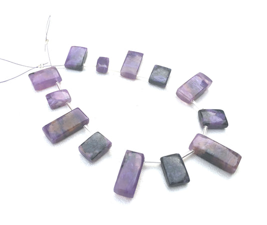 13 Pieces Smooth Rectangle Shape Super Fine Quality Natural Charoite Gemstone,Briolette Beads,Size 6x10-7x21 MM Making Jewelry Wholesale