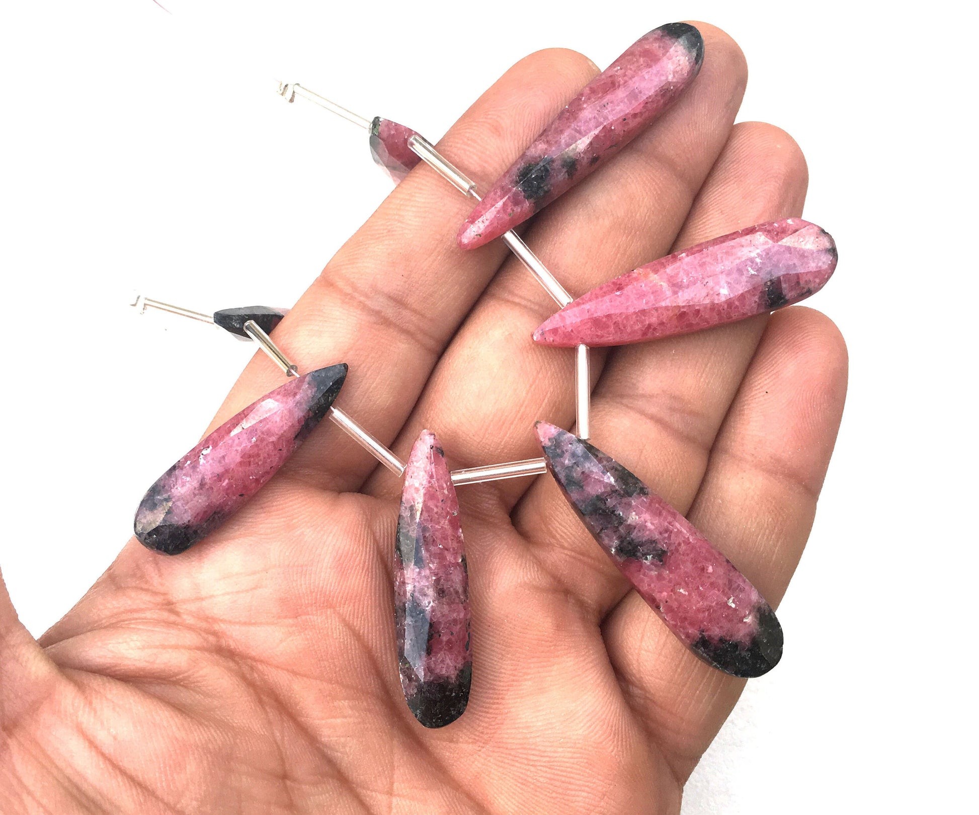 Genuine Natural Rhodonite Gemstone, 7 Pieces Faceted Pear Shape Briolette Beads Size 9x30-11x43 MM Making jewelry Wholesale Price