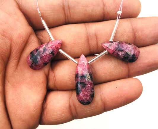 Natural Rhodonite Gemstone,3 Pieces Faceted Pear Shape Briolette Beads Size 10x21-11x27 MM Super Fine Quality Making jewelry Wholesale Price