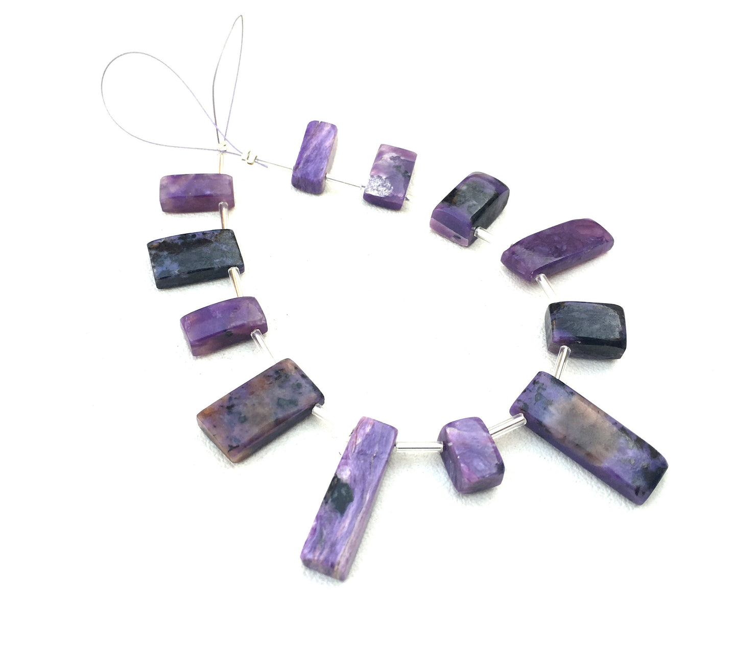 12 Pieces Smooth Rectangle Shape Super Fine Quality Natural Charoite Gemstone,Briolette Beads,Size 6x10-9x22 MM Making Jewelry Wholesale