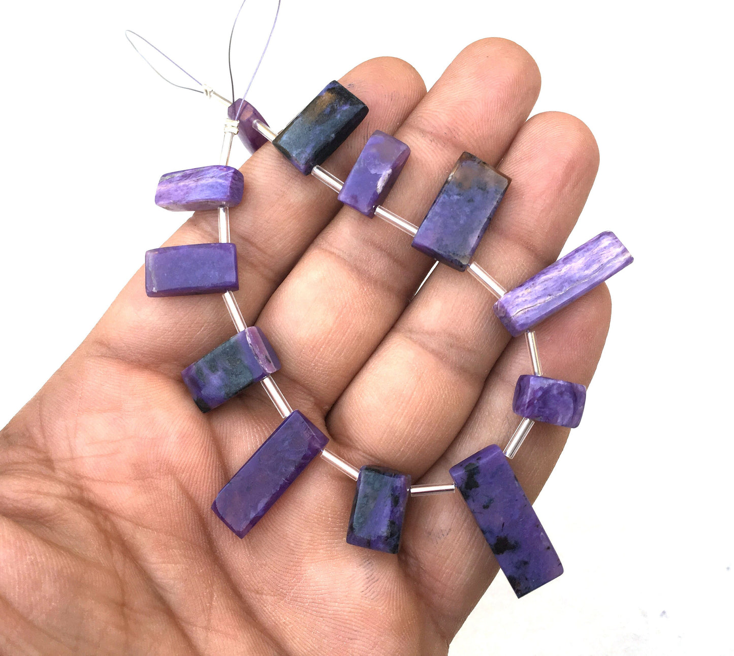 12 Pieces Smooth Rectangle Shape Super Fine Quality Natural Charoite Gemstone,Briolette Beads,Size 6x10-9x22 MM Making Jewelry Wholesale