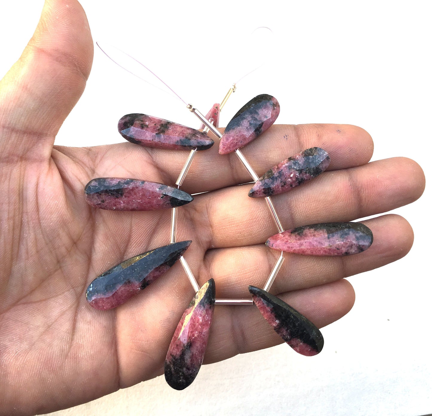 9 Pieces Natural Rhodonite Gemstone, Faceted Pear Shape Briolette Bead Size 10x26-12x40 MM Super Fine Quality Making jewelry Wholesale Price