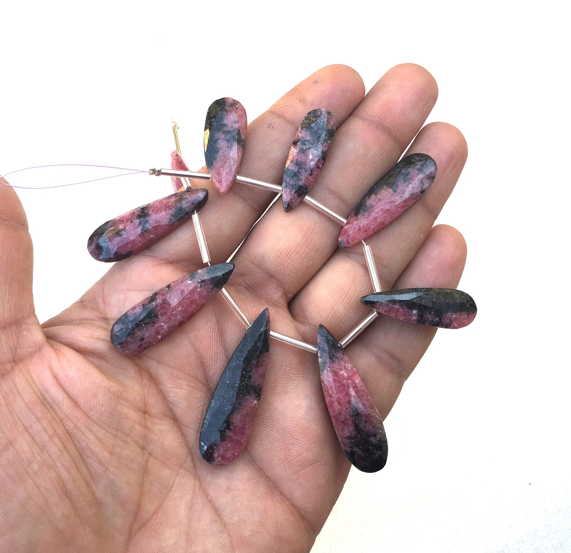 9 Pieces Natural Rhodonite Gemstone, Faceted Pear Shape Briolette Bead Size 10x26-12x40 MM Super Fine Quality Making jewelry Wholesale Price