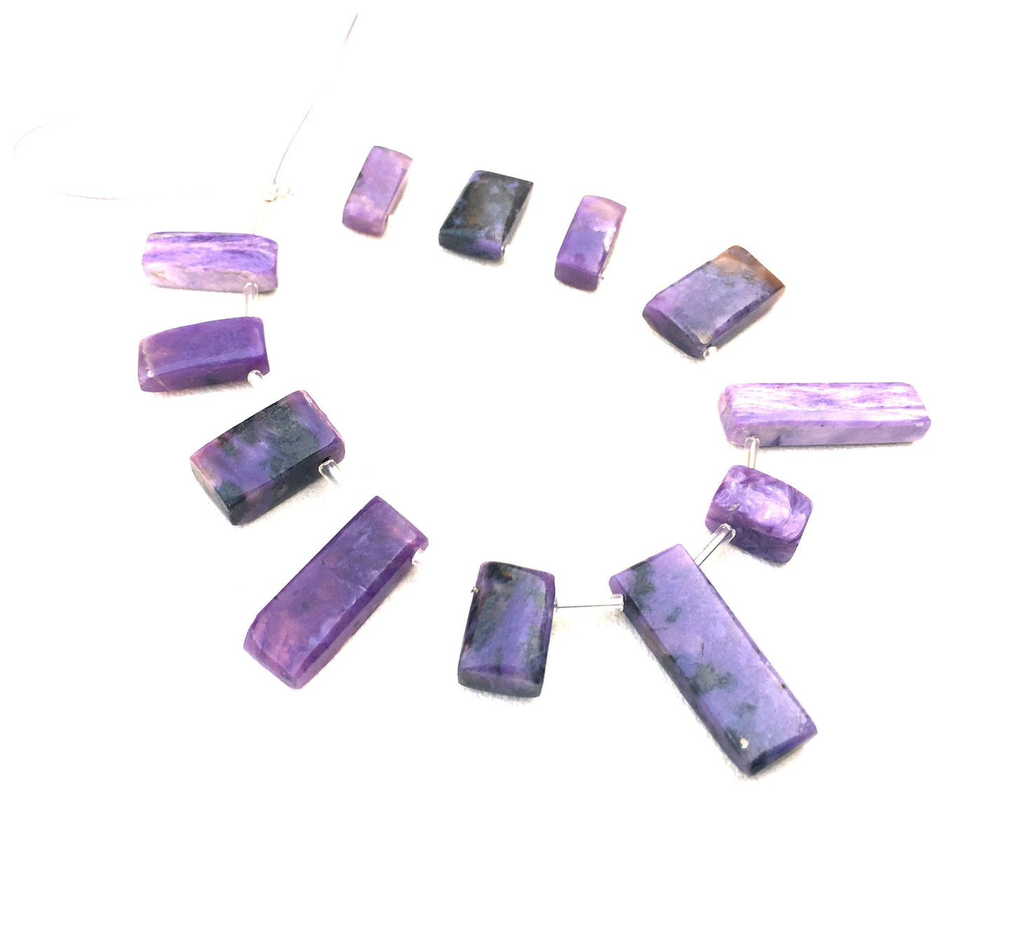 12 Pieces Smooth Rectangle Shape Super Fine Quality Natural Charoite Gemstone,Briolette Beads,Size 6x10-9x22 MM Making Jewelry Wholesale