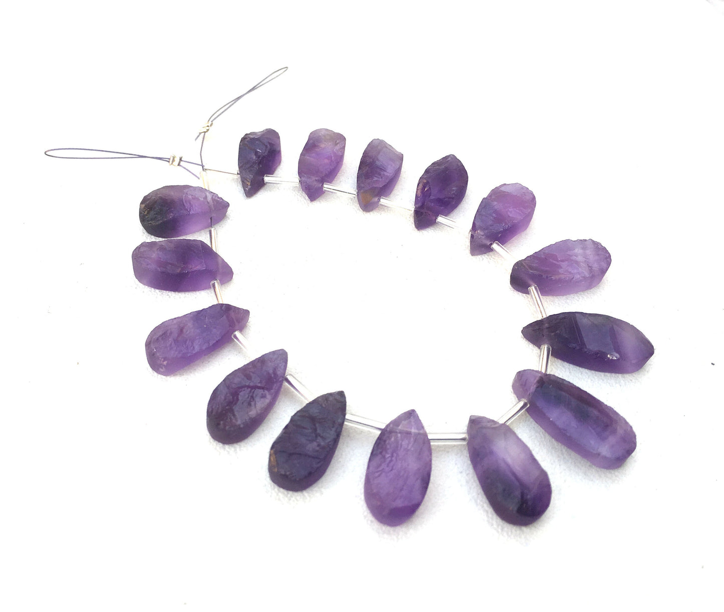 Best quality 1 Strand Natural Amethyst Gemstone,15 Piece Uneven Pear Shape Rough,Size 8x17-9x21 MM Unpolished Rough Making Jewelry Wholesale