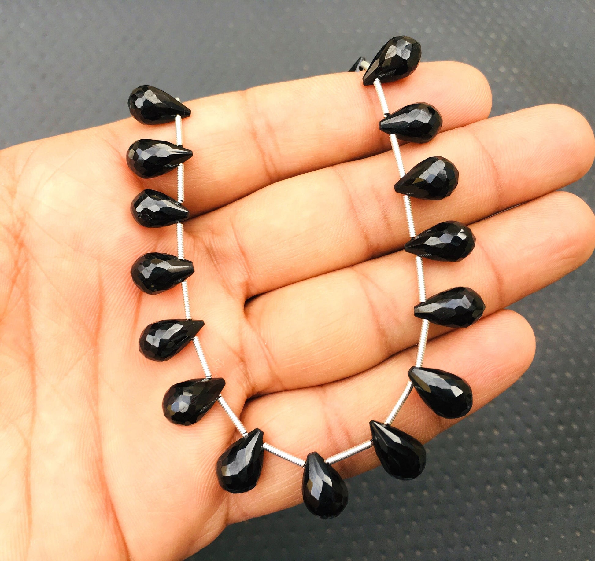 Super Sparkly 22 Pieces Natural Black Spinel Gemstone, 1 Strand Faceted Teardrop Shape Beads, Size 6x11-7x13 MM Making Jewelry wholesale