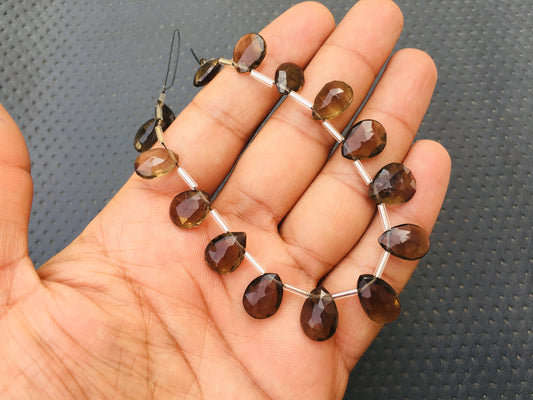 13 Pieces Natural Smoky Quartz Gemstone,1 Strand Faceted Pear Shape Beads,Size 8x11-11x14 MM Briolette Beads Making Jewelry Wholesale Price