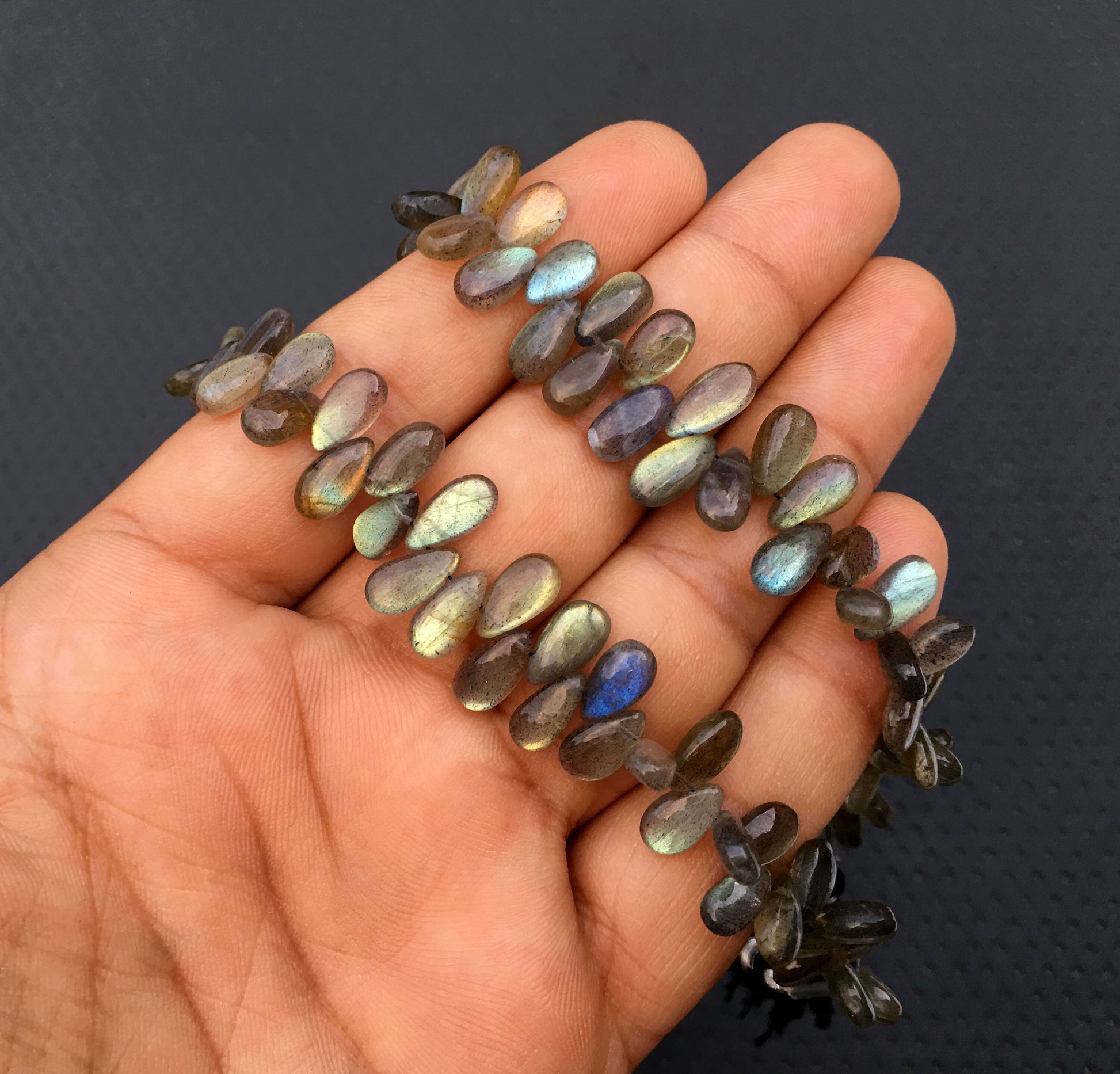 Immaculate Gems 1 Strand Natural Labradorite Gemstone,52 Pieces Briolette Beads Smooth Pear Shape Blue Flash Size 4x9-5x10 MM Labradorite