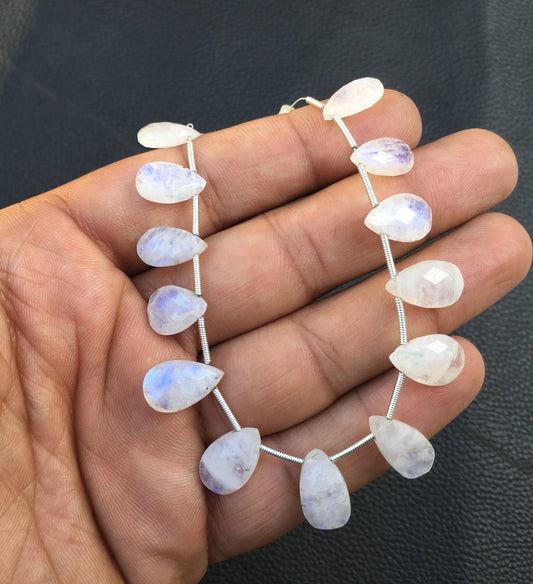 Genuine 20 Pieces Natural Rainbow Moonstone,1 strand Faceted Pear Shape Blue Flashy Beads, Size 8x11-9x15 MM Making Jewelry Wholesale Price