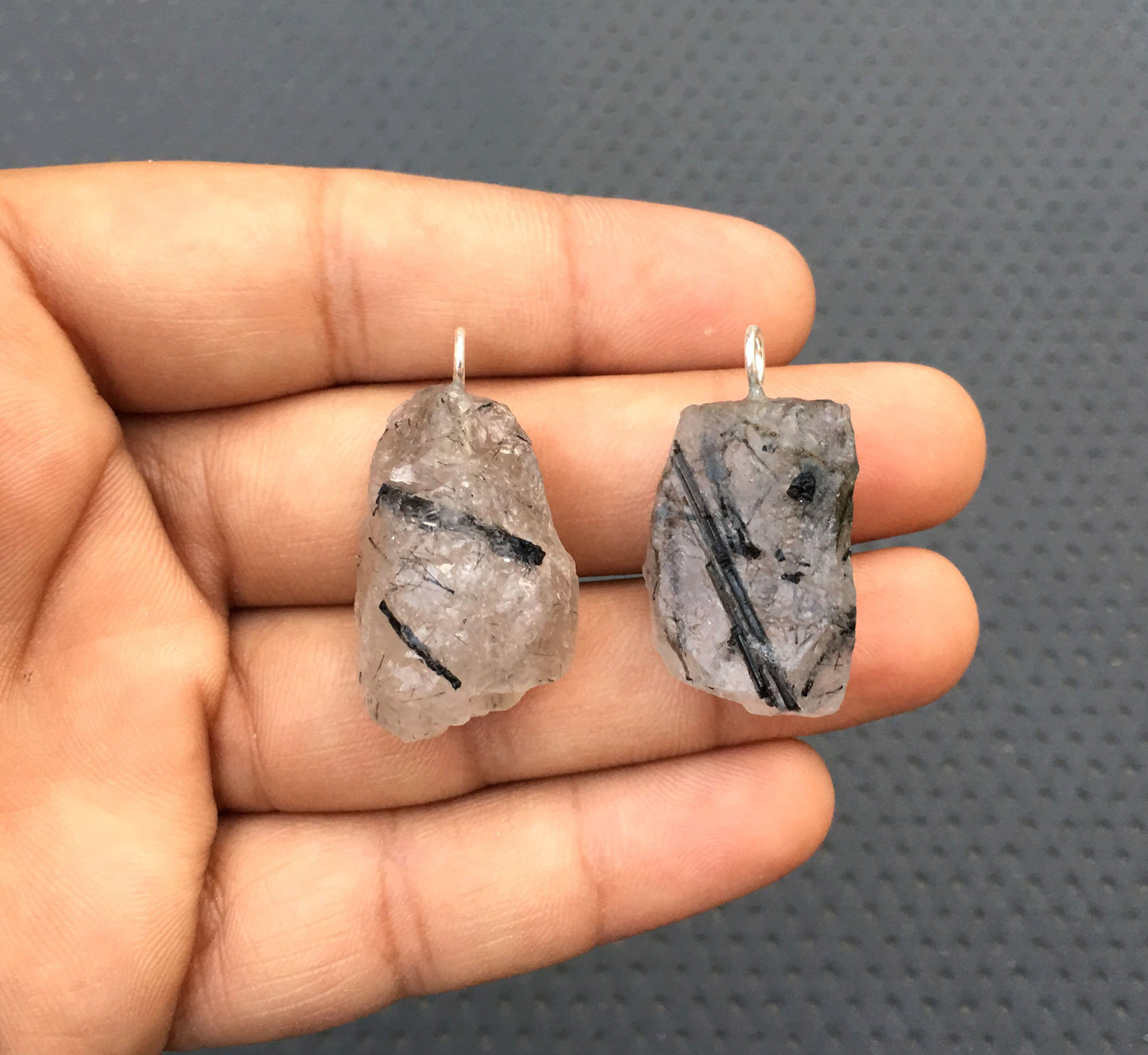 2 Pieces Black Rutile Pendant,Natural Black Rutile Rough Gemstone,92.5 Sterling Silver Rutile Quartz Pendant,Size 15x27-18x28 MM Wholesale