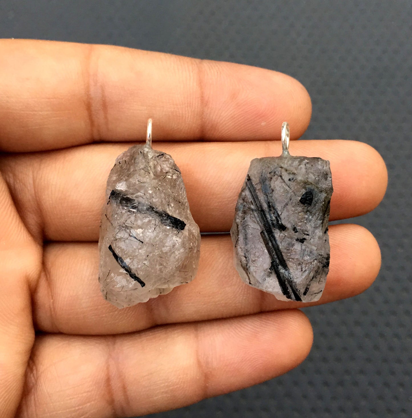 2 Pieces Black Rutile Pendant,Natural Black Rutile Rough Gemstone,92.5 Sterling Silver Rutile Quartz Pendant,Size 15x27-18x28 MM Wholesale