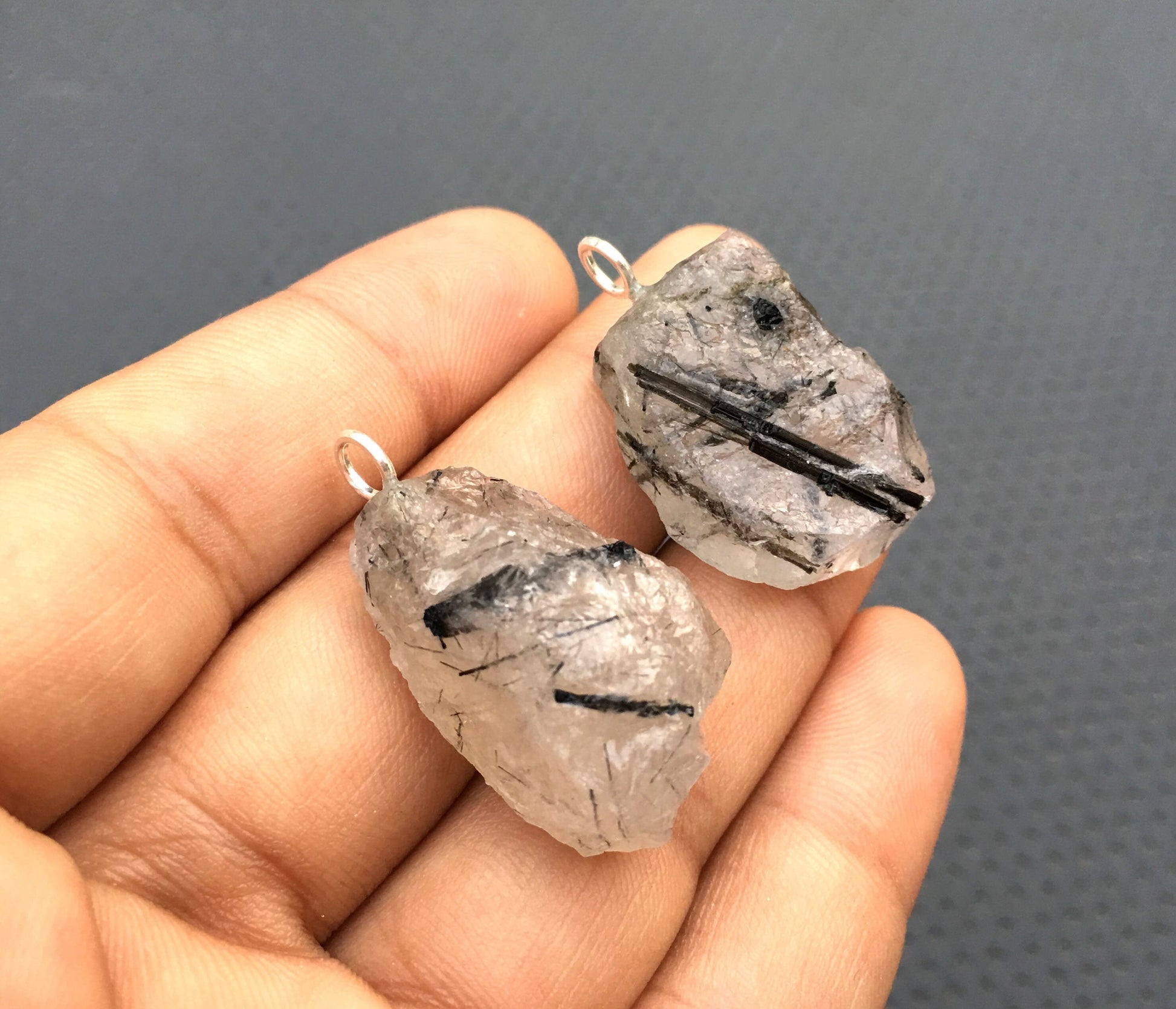 2 Pieces Black Rutile Pendant,Natural Black Rutile Rough Gemstone,92.5 Sterling Silver Rutile Quartz Pendant,Size 15x27-18x28 MM Wholesale