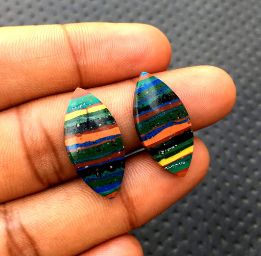 Awesome quality 1 Pair Natural Rainbow Calsilica Gemstone, Colorful striped Smooth Marquise Shape Cabochons,Size 12x23 MM Smooth Calsilica