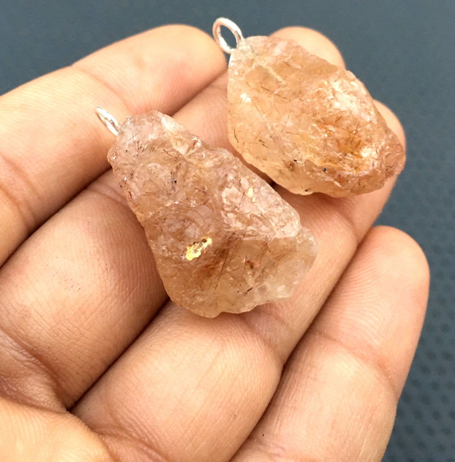 2 Pieces Big Raw Pendant,Natural Copper Rutile Gemstone,92.5 Sterling Silver Handmade Pendant, Size 16x27-17x29 MM Copper Rutile Raw Pendant