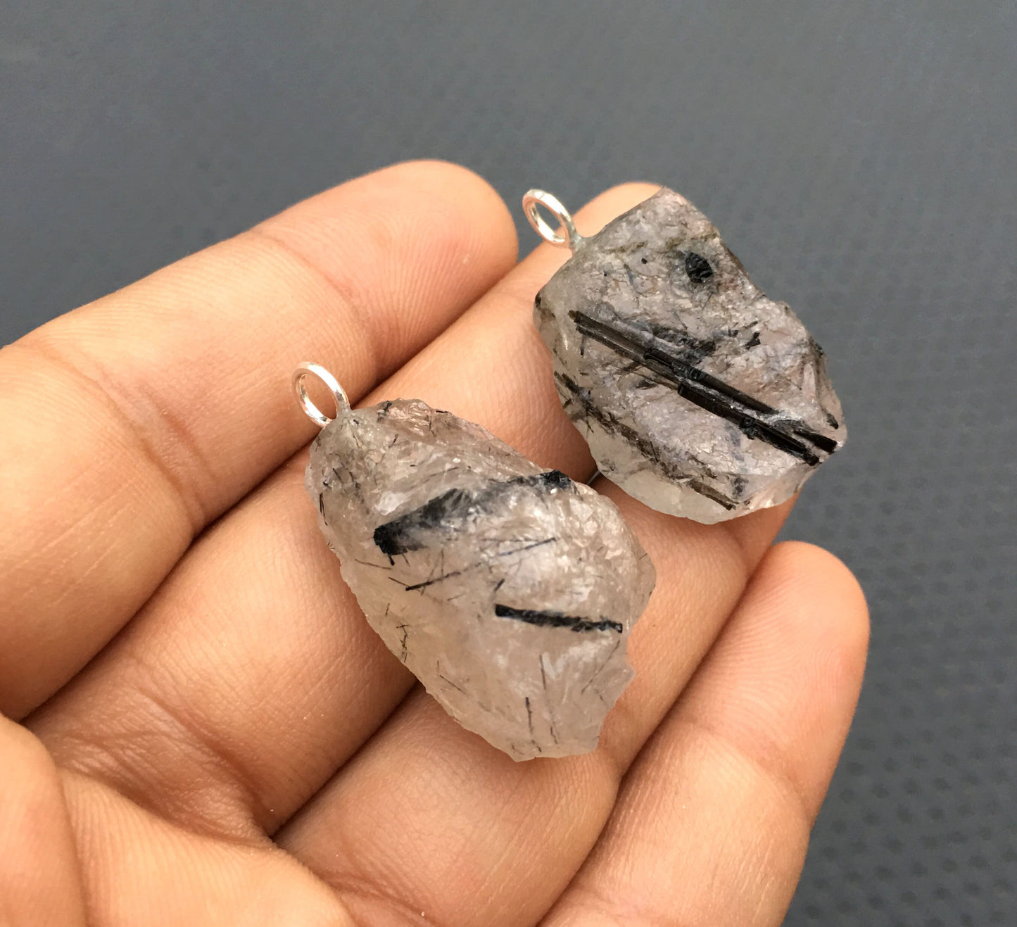 2 Pieces Black Rutile Pendant,Natural Black Rutile Rough Gemstone,92.5 Sterling Silver Rutile Quartz Pendant,Size 15x27-18x28 MM Wholesale