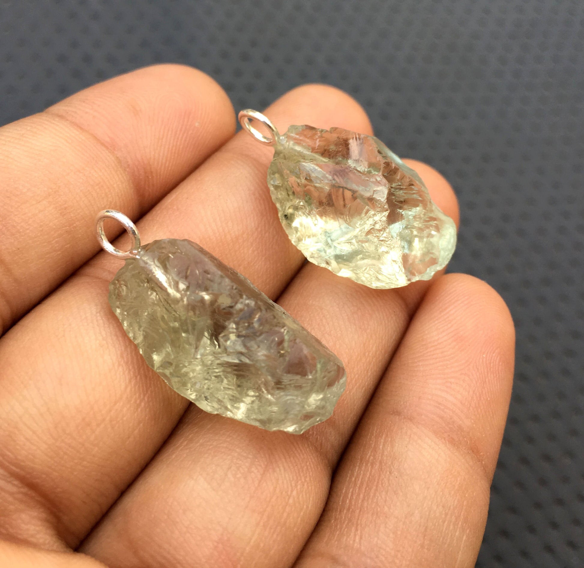 2 Pieces Gemstone Pendant,Natural Green Amethyst Gemstone,92.5 Sterling Silver Pendant,Size 14x24-15x25 MM Green Amethyst Rough Pendant