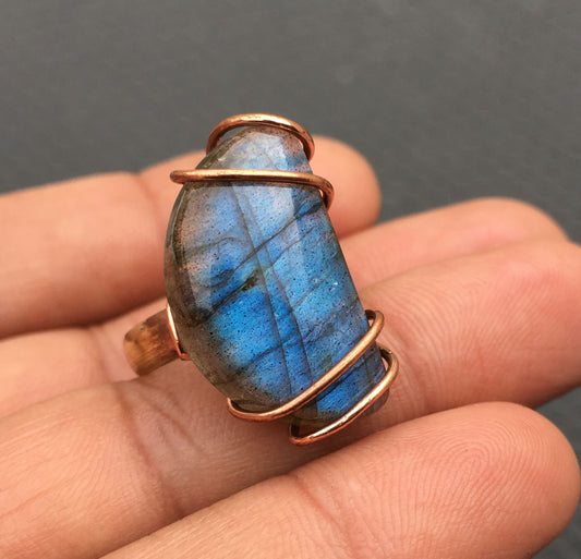 TOP Quality Copper Ring Wire Wrapped Natural Labradorite Gemstone,Smooth Half Moon Shape Ring,Stone Size 13x23 MM Labradorite,Copper Ring