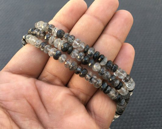 13" Long Strand Quartz Rondelle Beads, Natural Black Hair quartz Gemstone, Size 6 MM Quartz Rondelle beads, AAA Quality Black Rutile quartz