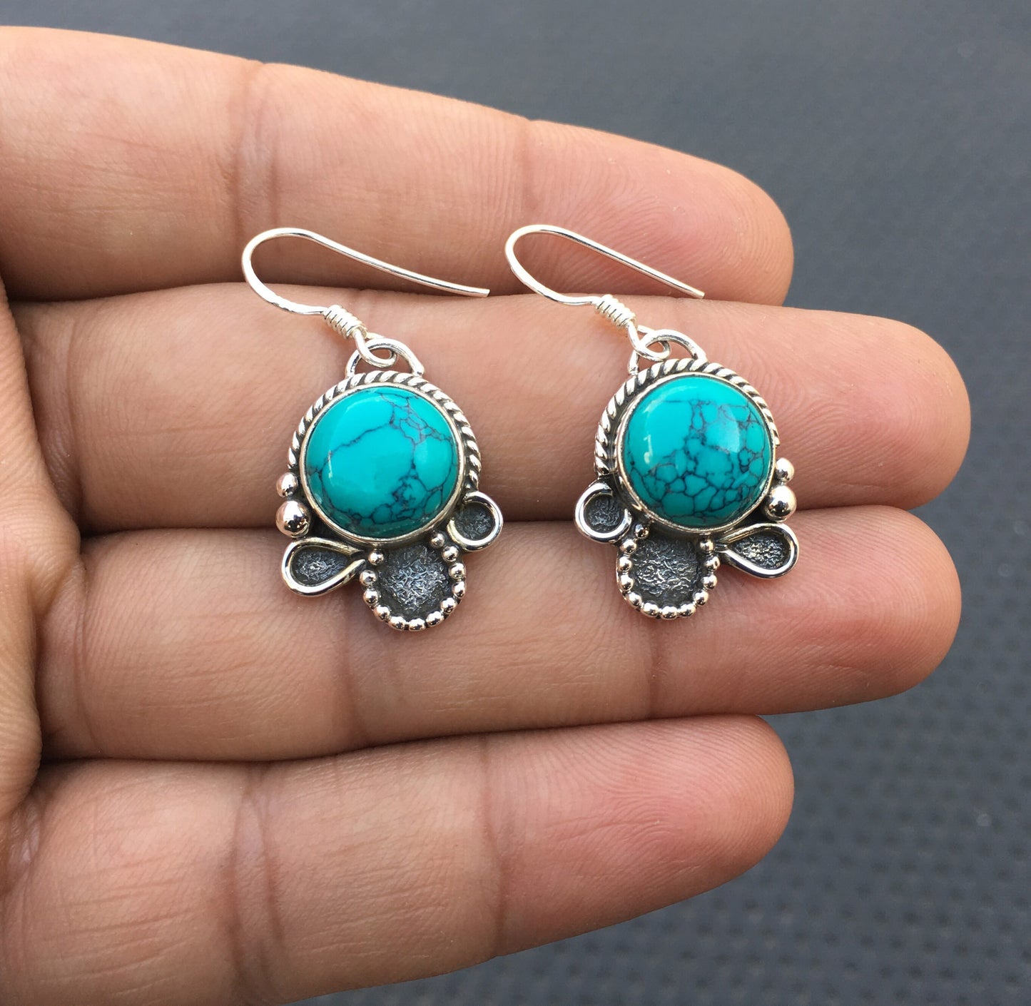 92.5 Sterling Silver 1 Pair Dangle Earring, Turquoise Gemstone Earring, Smooth Round Shape Turquoise, Silver Dangling Earring Wholesale