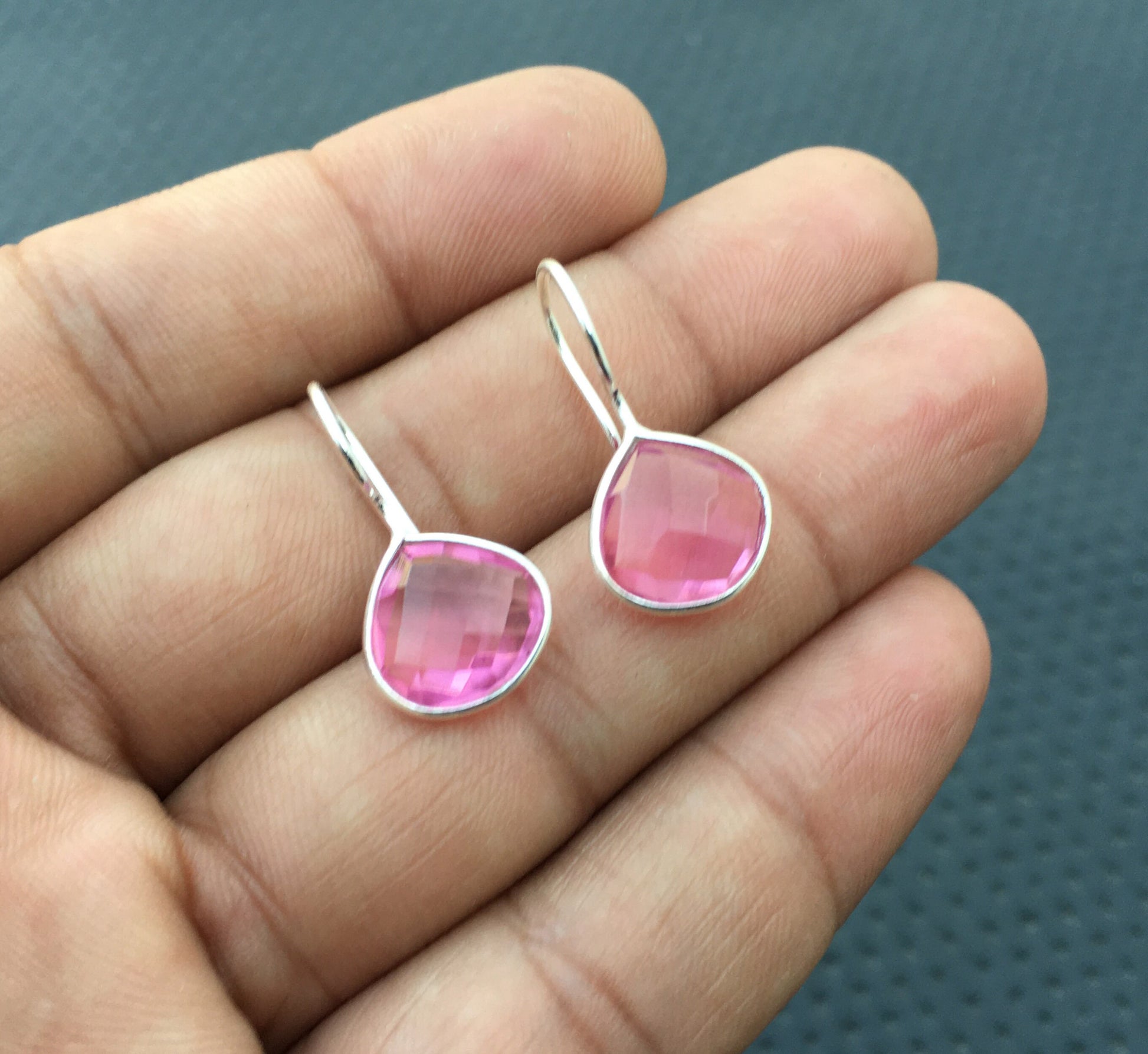 92.5 Sterling Silver Earring, Baby Pink Hydro Quartz Earrings,Heart shape Pink Hydro Quartz, Pink earring Gift For Friends , Hydro Jewelry