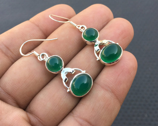 92.5 Sterling Silver 1 Pair Dangle, Dainty Silver Earring,Natural Green Onyx Gemstone, Smooth Oval And Round Shape , Long Dangle Earrings