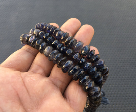 Immaculate Gems 10 Inch Long Natural Blue Iolite 1 Strand Smooth Roundel Beads, TOP Quality Natural Blue Iolite Stone Beads, Size 9-10 MM