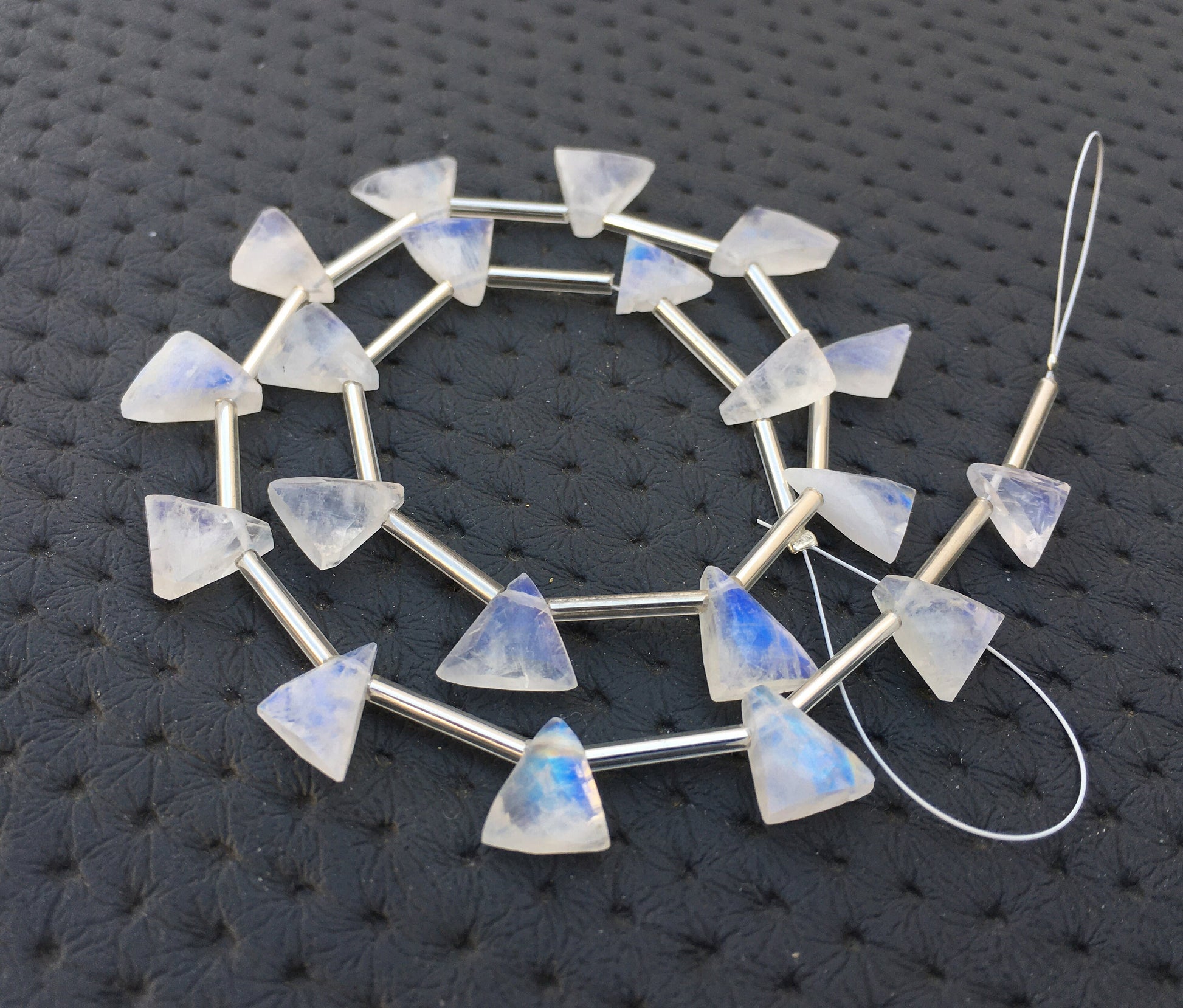 Best Quality 1 Strand Natural Rainbow Moonstone,Blue Fire Side Drilled 20 Pieces Moonstone Tiny Triangle Beads Size 7x10-11x11 MM Moonstone